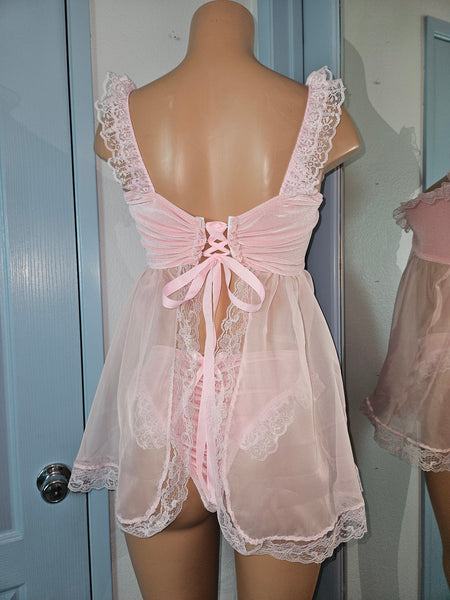 BABYDOLL in Pink Velvet with Lace Size MED