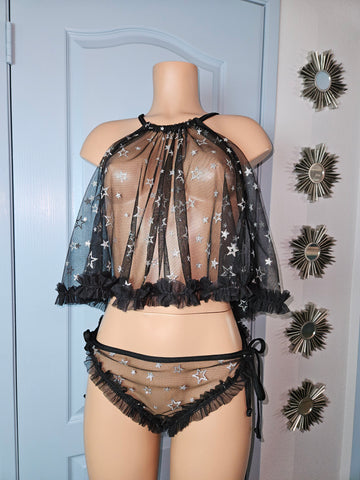 Darling 1960s Style BabyDoll Set- BLACK STAR MESH